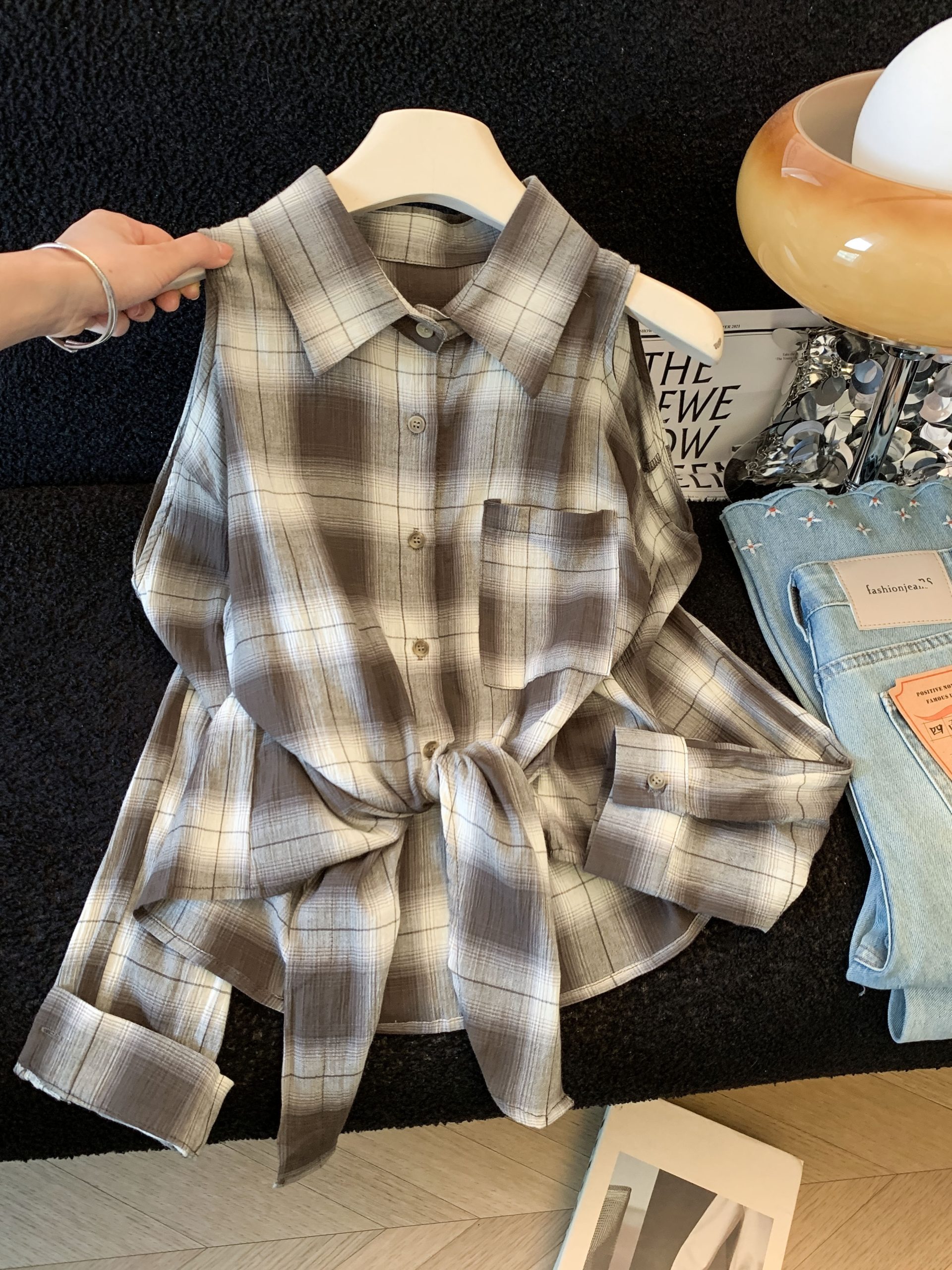 French Retro Plaid Shirt Women Long Sleeve Loose Polo Collar Blouse