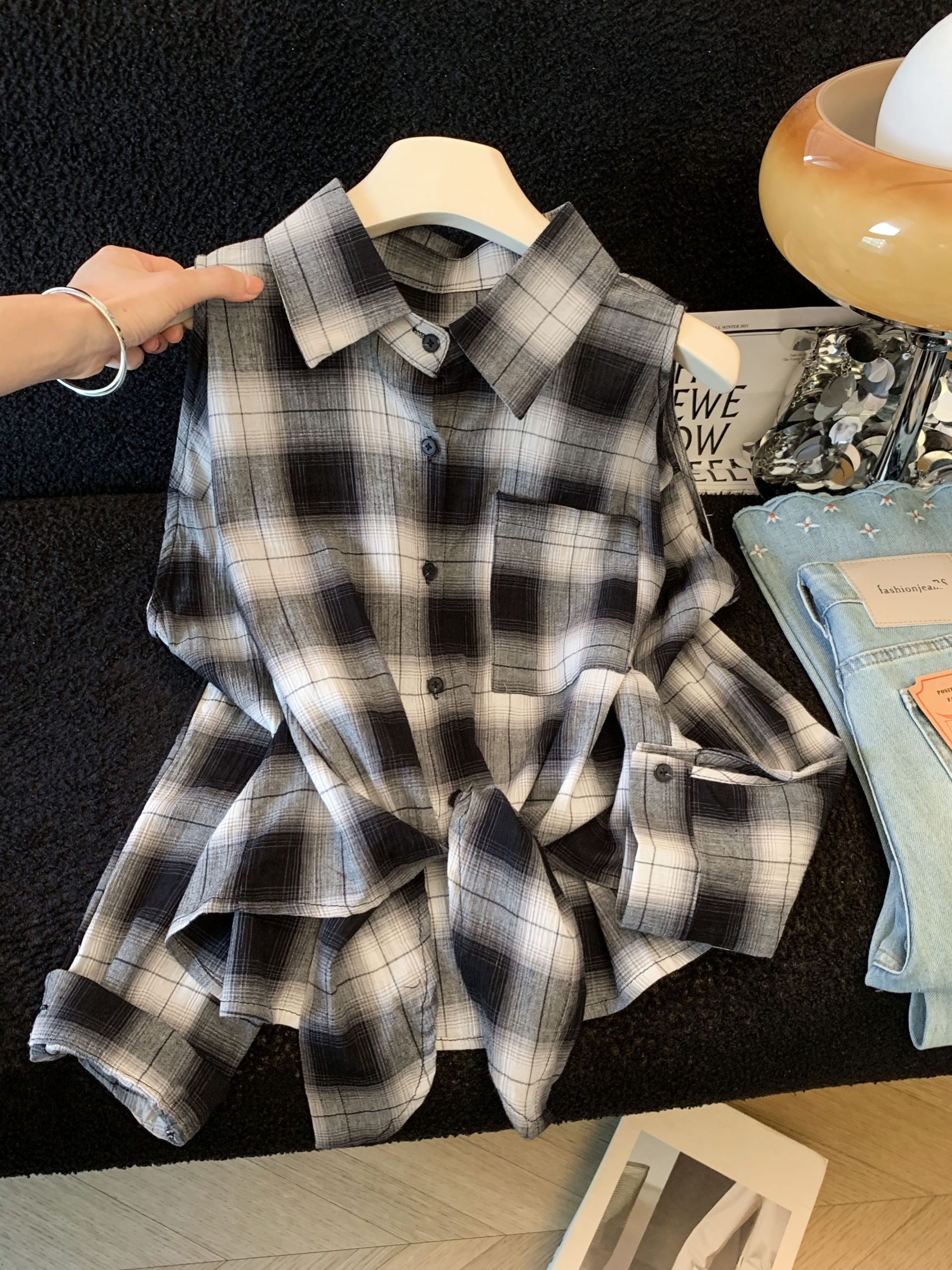 French Retro Plaid Shirt Women Long Sleeve Loose Polo Collar Blouse - Image 3
