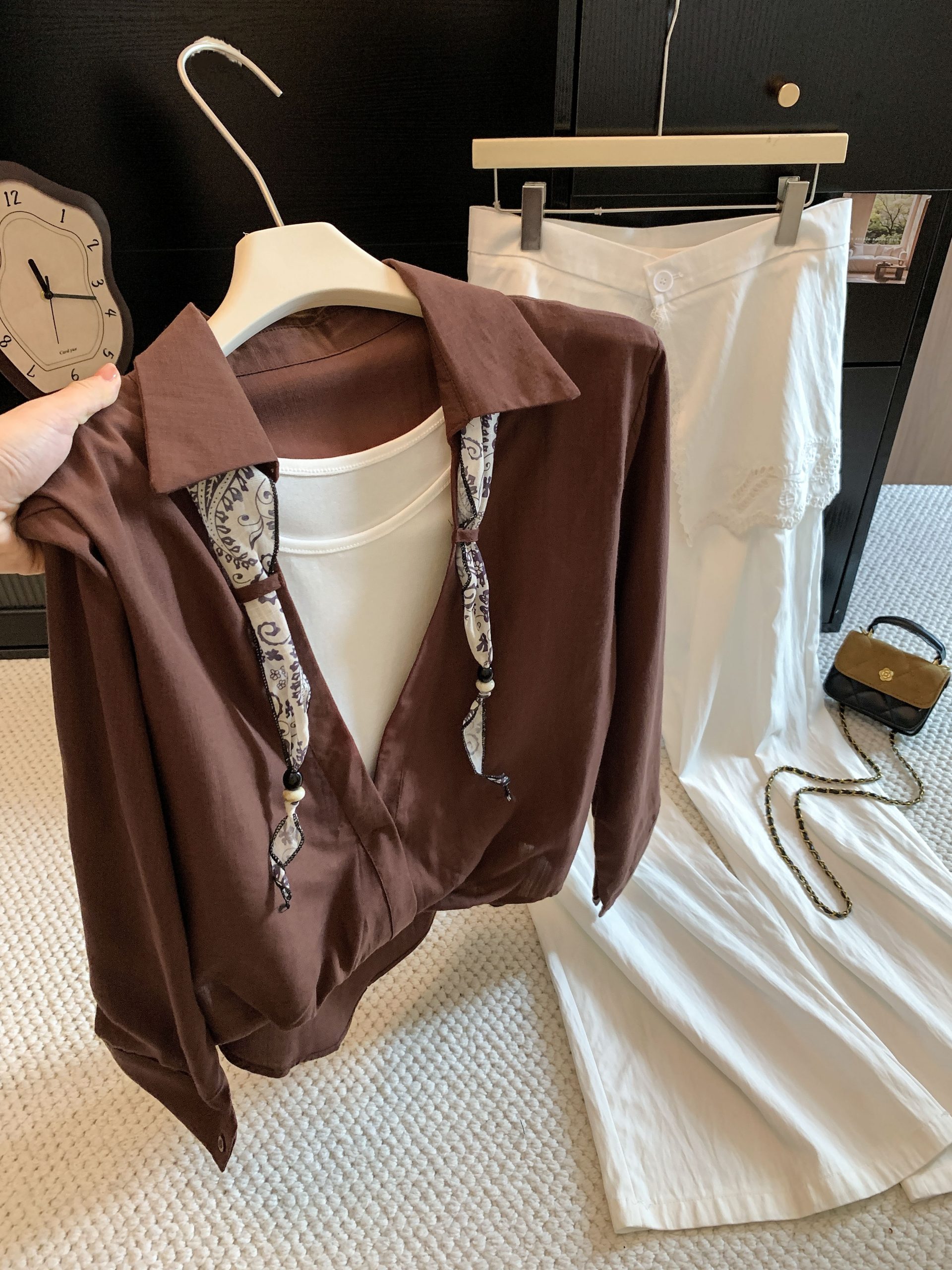 2026 Early Autumn Old Money Style Ribbon Long Sleeve Shirt Women Loose Design Two-Piece Set