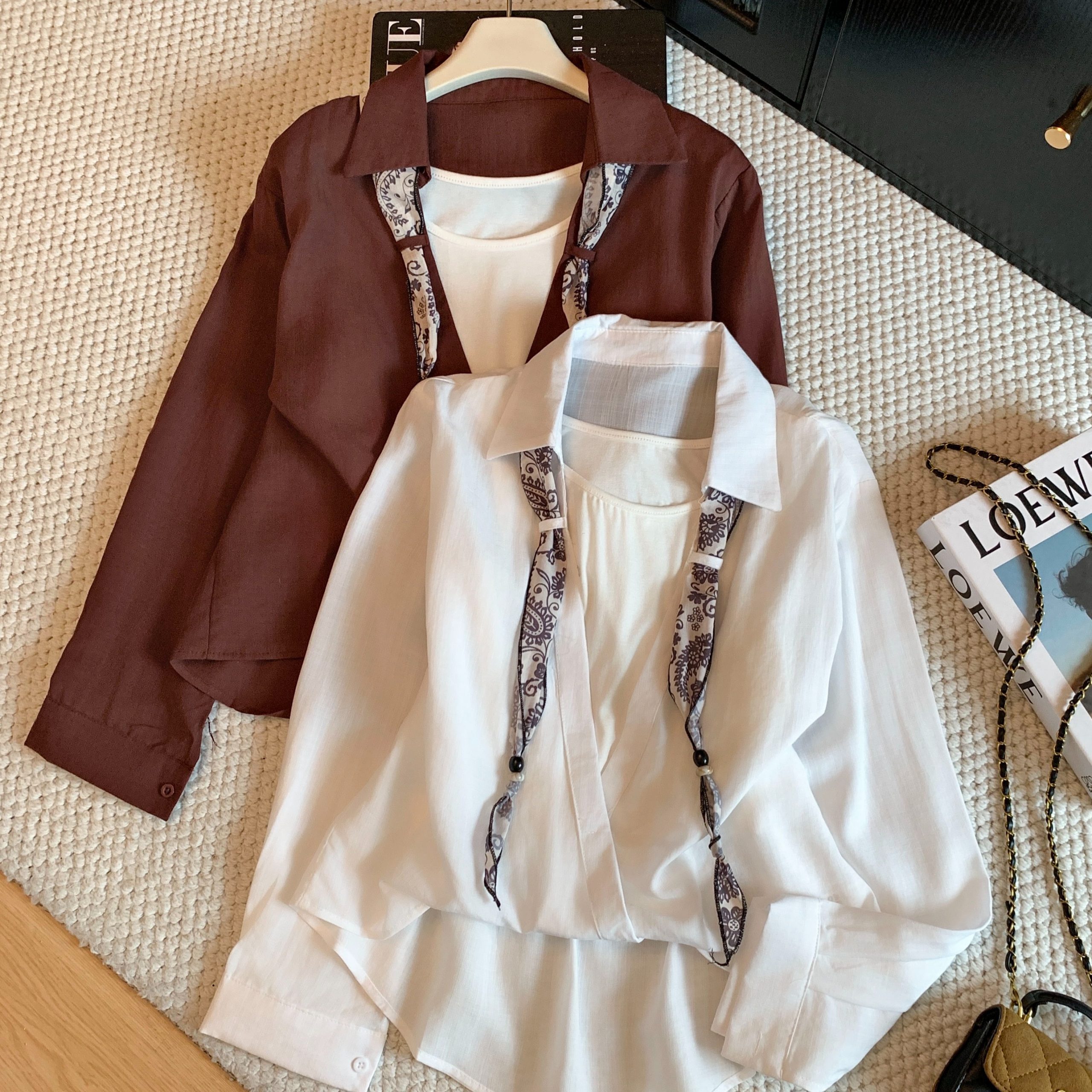 2026 Early Autumn Old Money Style Ribbon Long Sleeve Shirt Women Loose Design Two-Piece Set - Image 5
